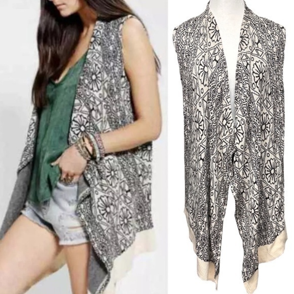 Ecote Long Vest Cardigan Knit Drape Sweater Geo Floral Boho Festival Cotton Sm